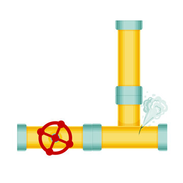 Broken pipes with a leak of steam or lead gas, rupture of the pipeline. Dripping faucet, problems with water supply, broken pipes. Wind illustration isolated on white background.