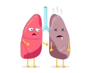 Lungs characters healthy and unhealthy comparison. Human lung pair good and bad condition. Cartoon human respiratory system internal organ mascot scared and illness sad. Strong and damaged eps insides