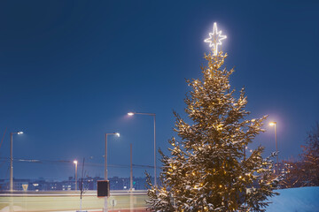 Illuminated Christmas tree in residential district. Christmas decoration in city during advent. Prague, Czech Republic..