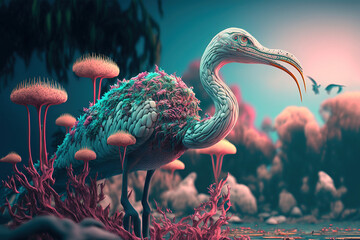 surreal bird in blue and pink tone color 