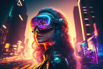 illustration of a laughing women wearing VR headset with cyber theme background