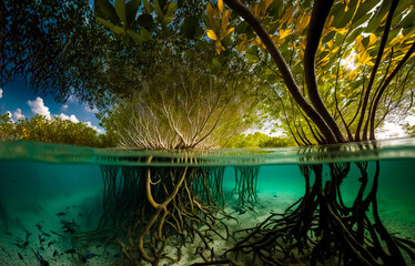 Mangrove trees roots, above and below the water in the Caribbean sea.