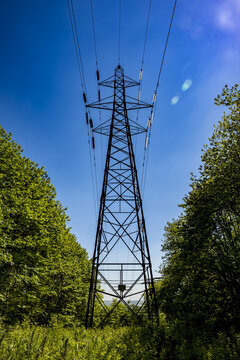 Electricity transmission tower, or electric pylon, in the English countryside; Meopham, Kent, England