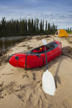 Tent and packraft on sandy beach on the Charley River, Yukon&ndash;Charley Rivers National Preserve; Alaska, United States of America