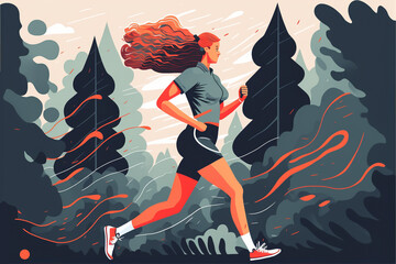 Young woman running in the park concept. Healthy activity. Cartoon illustration.