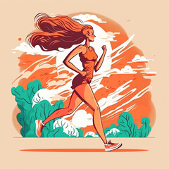 Obraz na płótnie Canvas Young woman running in the park concept. Healthy activity. Cartoon illustration.