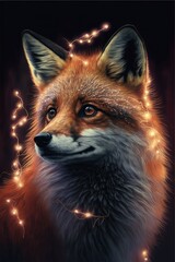Obraz premium Fox with Christmas lights, glowing animal, Christmas decorations portrait illustration, studio shot generative ai art, black background