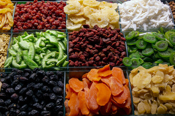 Dried Fruits; dried kiwi, dried strawberry, dried coconut. Delicious and healthy food.