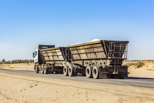 Truck carrying salt from the salt mine, Walvis Bay, Skeleton Coast, Dorob National Park; Namibia