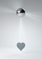 Valentine's Day silver heart invitation with sparkling disco dance mirror glitter ball, on white studio background. Bright, sophisticated and high-resolution image for print and screen.