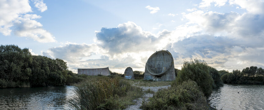 Scenic view of the remnants of the Denge Sound Mirrors, Dungeness, Kent, England, UK