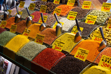 Colorful spice counter at Grand Bazaar; translation: karanfil means cloves, kakule means cardamon,...