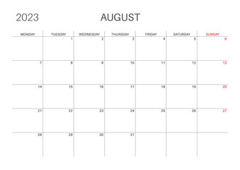 Monthly planner. Horizontal monthly calendar. Simple, minimalist design.