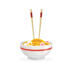 Oriental noodle. Traditional asian ramen soup with chopsticks. Korean and Japanese food. Chinese cuisine. Vector illustration in trendy flat style isolated on white background.