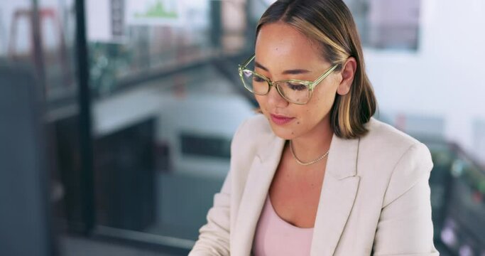 Asian woman, business or computer planning, typing or digital marketing research, data analytics or creative strategy in advertising agency. Happy worker working on desktop pc in trendy modern office