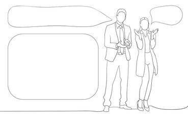 Continuous line drawing of a diverse group of standing people with chat for text on white background. Business team - continuous line drawing