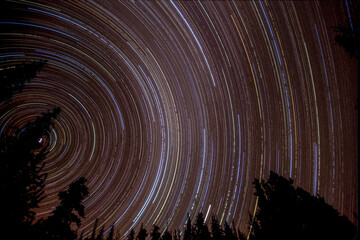 Long exposure of stars creating star track patterns in the night sky; Montana, United States of America