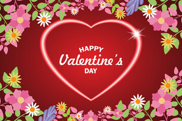Valentine's Day greeting card floral arrangement frame. Place for text. Valentine's day sale header or voucher template with heart. 3d neon effect heart frame border.