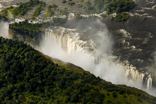 Aerial view of mist coming from Victoria Falls.
