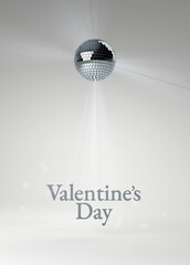 Valentine's Day silver invitation with sparkling disco dance mirror glitter ball, on white studio background. Bright, sophisticated and high-resolution image for print and screen.