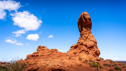 Fototapeta na wymiar Balanced Rock is one the unique Red Sandstone Rock Formations in Arches National Park in Utah, USA