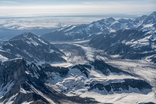 Aerial view of the stunning landscape of Kluane National Park with mountain peaks and glaciers making up the landscape that can only be fully appreciated from the air; Yukon, Canada