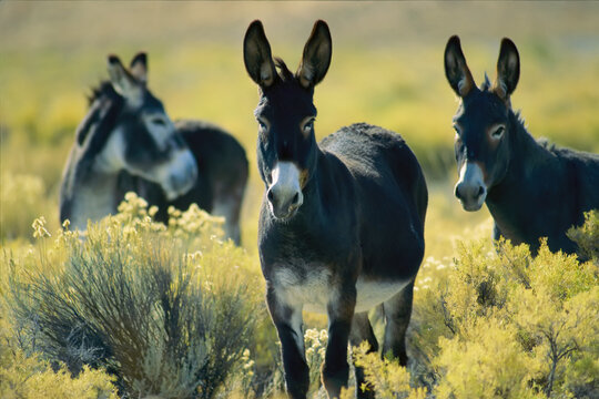 Three wild burros standing in sagebrush (Artemisia tridentata), Sheldon National Antelope Refuge, Nevada, USA; Nevada, United States of America