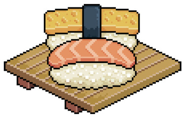 Pixel art sake nigiri and tamago on wooden sushi board vector icon for 8bit game on white background
