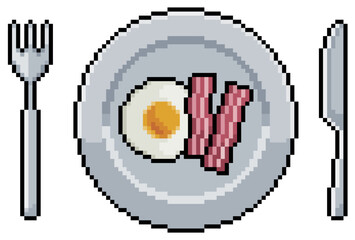 Pixel art plate with fried eggs and bacon vector icon for 8bit game on white background
