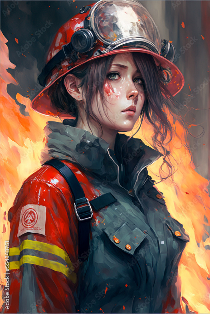 Sticker anime girl in modern firemen uniform