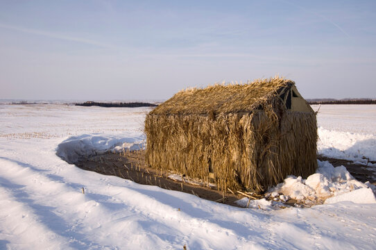 A bird blind stands alone in a farm field with snow near Burwell, Nebraska, USA; Burwell, Nebraska, United States of America