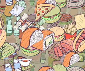Background pattern abstract design texture. Seamless. Japanese food and American food. Theme is about sushi salmon, piece, french fries, hamburger, food sticks, waffles, sushi, potato, 