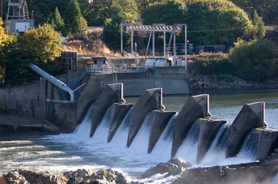 Savage Rapids Dam, removed from the Rogue River in 2009. This dam was extremely detrimental to fish runs including salmon and steelhead; Rogue River, Oregon, United States of America