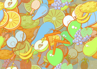 Background pattern abstract design texture. Seamless. Tennis and Fruits. Theme is about berries, whole, observer, chair, orange, pieces, clip, mini-tennis, leaflet, netting, game table, ping-pong - obrazy, fototapety, plakaty