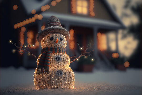 Illustration of Snowman Lawn Ornament Made of Christmas Lights