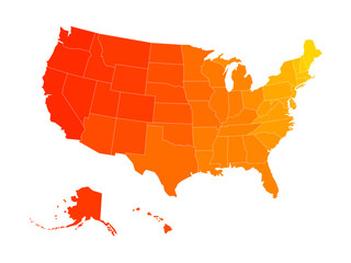 Blank map of United States of America divided into states. Simplified flat silhouette vector map in shades of orange and yellow