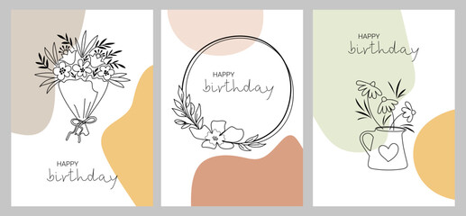 Happy birthday! A set of greeting cards with flowers and plants. Botanical doodle-style design with space for text. For wedding invitations, blogs, frames, labels. Botanical rustic design.