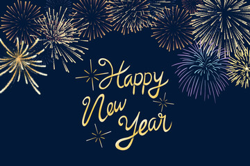 Happy new year card template with fireworks on dark background. Happy new year frame card