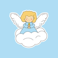Vector sticker of angel with candle in hands. Merry Christmas and happy New Year. Illustration in flat style.