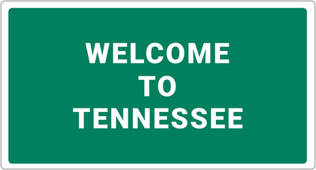 Welcome to  Tennessee.  Tennessee logo on green background.  Tennessee sign. Classic USA road sign, green in white frame. Layout of the signboard with name of USA city. America signboard