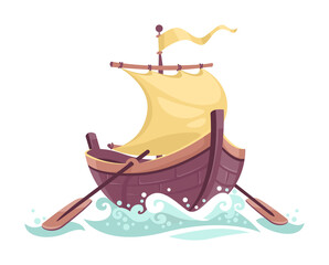 Little cartoon sail boat with paddles. Wooden PNG © LoopAll