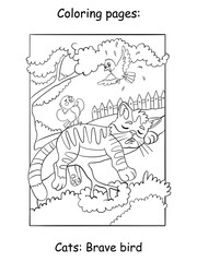 Cute kitten sleeping on a tree branch kids coloring book page