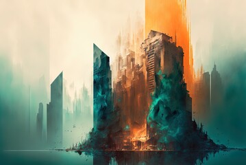 Awesome abstract urban, cityscape, skyscraper painting in orange and teal, with some grey haze thrown in for good measure. Structure with two facades. Computer-generated artwork. Generative AI