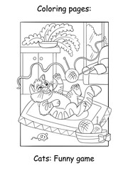 Cute playing kitten kids coloring book page