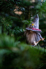 Fototapeta na wymiar A gnome on skis hangs on a spruce branch as a Christmas tree toy