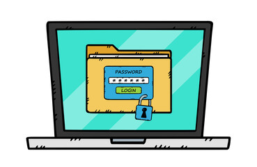 Graphic of a laptop on the screen of which displays a folder with files protected by a padlock and a login. To log in you need to enter a password. Hand drawn illustration.