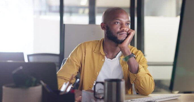 Thinking, business man computer and IT engineer reading code, analytics and software strategy data. Bored black man coding, programming and writing a information technology solution with tech