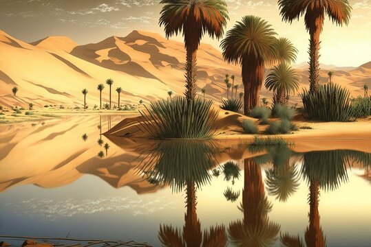 Paradise in the middle of the sandy desert. Lakeside with palm palms. Generative AI
