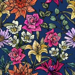 Hand drawn elegant colorful seamless pattern with botanical floral design illustration