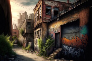Scene from an urban slum, complete with graffiti-covered alley Generative AI - obrazy, fototapety, plakaty